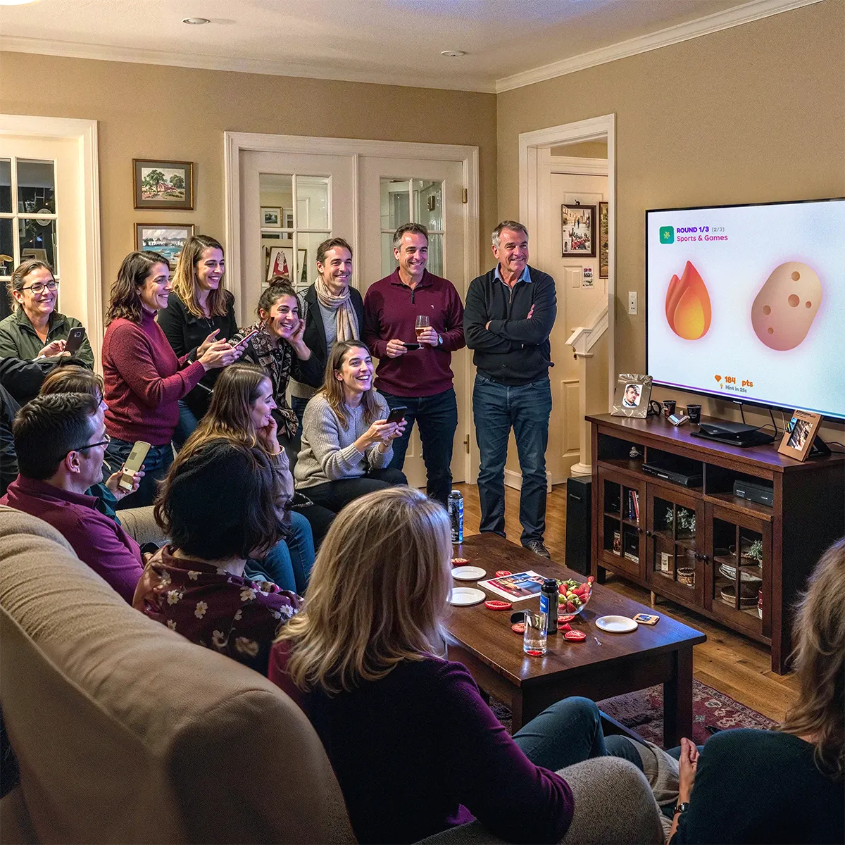 Interactive Emoji Guess party game played on TV with smartphones at a group event
