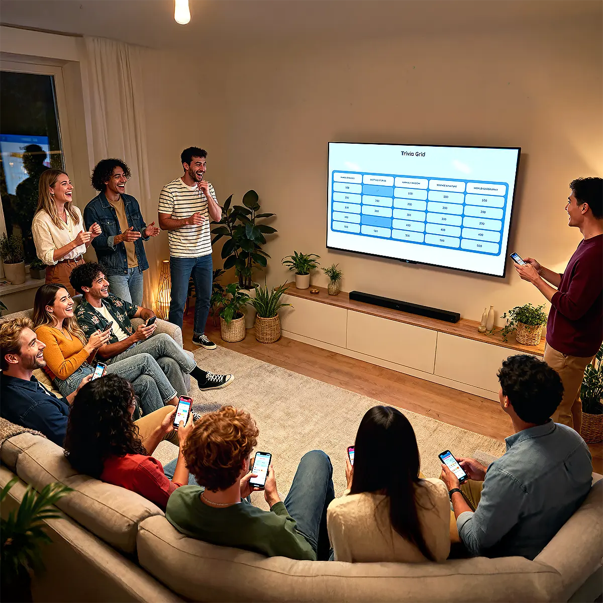 Happy group of people playing an interactive party game at home using their smartphones while watching a shared screen